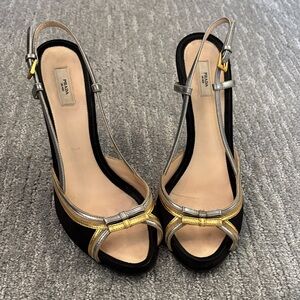 Prada Women's Black and Silver Heels with Gold Accents